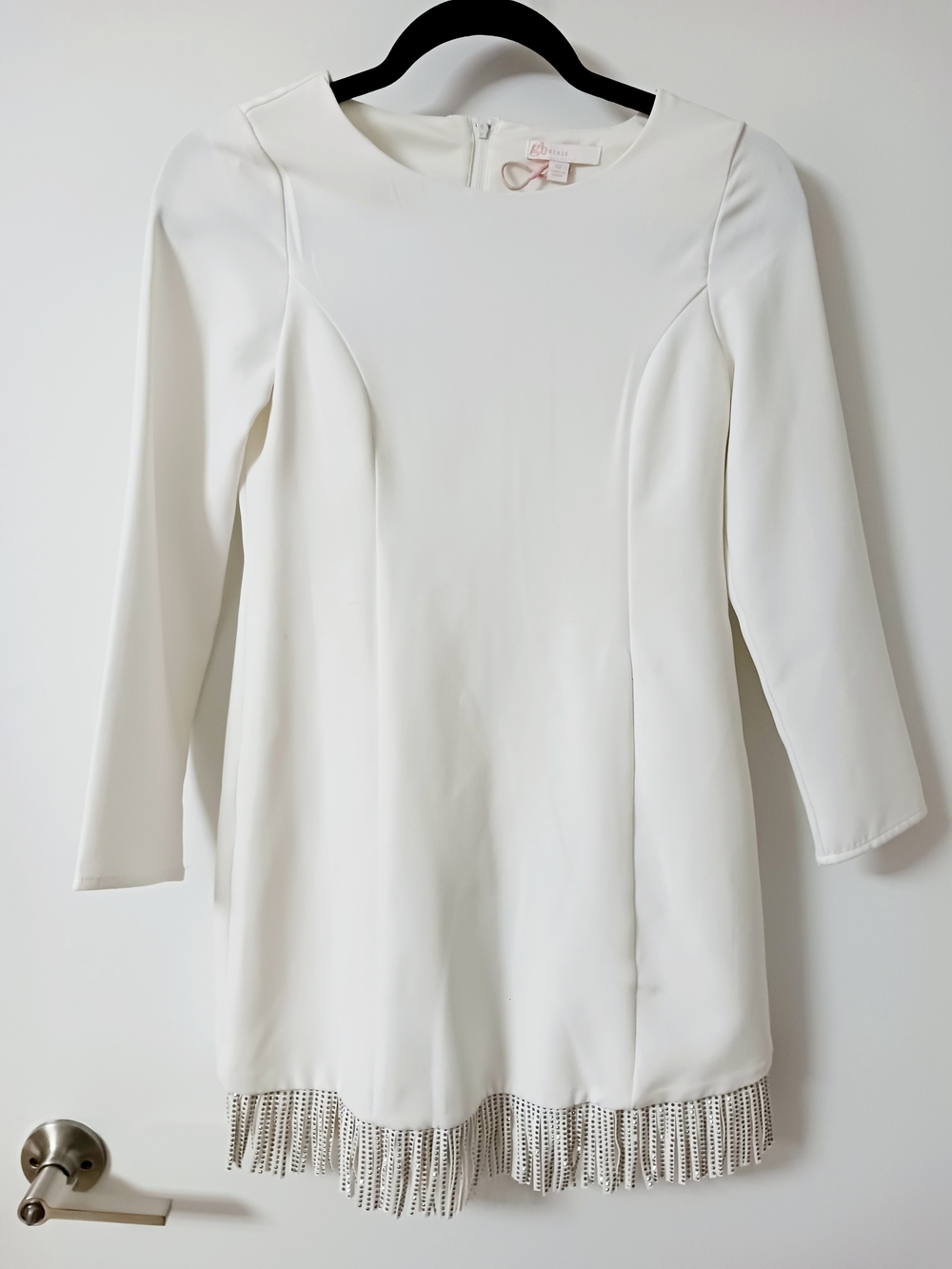 GB girls-White Long-Sleeve Mini Dress with Fringe Hem